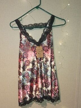 Paisley Satin Chemise with Black Lace Trim - Pink Multi